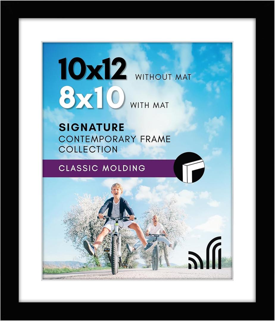 Americanflat 10x12 Picture Frame with Shatter-Resistant Glass - Use as 8x10 Frame with Mat or Display 10x12 Photo Without Mat - Signature Collection - Picture Frames for Wall Display - Black