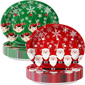 Oigco 30 Count Christmas Oval Paper Plates Large 9" X 11" Christmas Disposable Serving Platters for Holiday Xmas Dinnerware Table Decorations