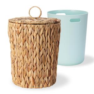 2.6 Gallon Wicker Trash Can with Lid - Bathroom Garbage Can with Removable Liner Bucket - Boho Hand Woven Water Hyacinth Wicker Waste Basket for Bedroom, Living Room, Home, Office (Natural & Blue)