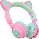 Riwbox CT-7 Cat Ear Bluetooth Headphones, LED Light Up Bluetooth Wireless Over Ear Headphones with Microphone and Volume Control for Travel/School/Smartphones/Laptop/PC/TV (Pink&Green)