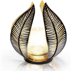 HPC Decor Solar Light Outdoor Garden, Crackle Globe Glass,Metal Palm Leaf Solar Light for Outside, Pathway Lights Waterproof LED Outdoor for Patio,Yard,Porch Decor,Gardening Gifts for Women/Mom. (Black)