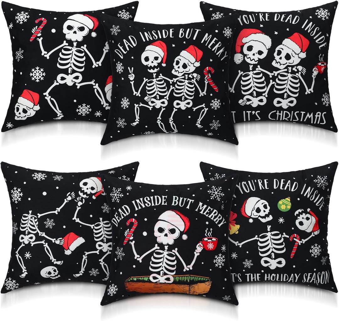 Breling 6 Pcs Gothic Christmas Pillow Covers 18 x 18 Inch Funny Skeleton Dancing Pillow Case Gothic Christmas Decor for Xmas Holiday Winter Living Room Home Sofa Couch Decor