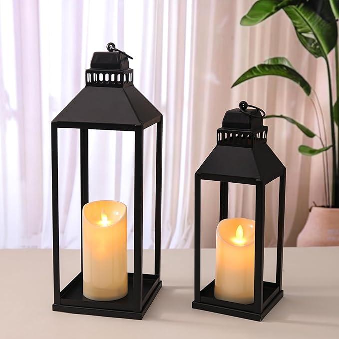 MATAHUM 17" 13" Lanterns Decorative Indoor Outdoor, Set of 2 Modern Farmhouse Metal Black Lantern with Candles, Boho Rustic Decor Decorative Lanterns for Mantle, Fireplace, Patio, Porch, Home Decor