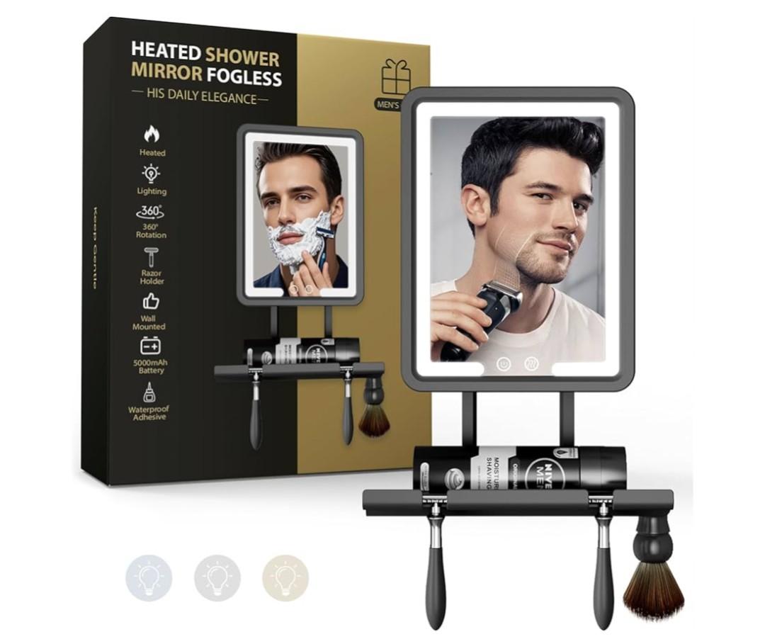 Shower Mirror Fogless for Shaving with Light - Heated Anti Fog Bathroom Mirror Razor Holder Recharegable 5000mAh Battery 3 Color Dimmable Adhesive Wall Mount Shower Accessories Gift for Men(Gray