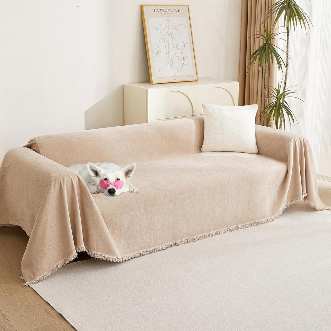 MYSKY HOME Couch Cover 3 Cushion Sofa with Tassel Chenille Sofa Covers Couch Covers for 3 Cushion Couch Sofa Slipcovers for Sectional l Shaped Couch Dogs Protector Furniture Covers, 91" X150", Khaki