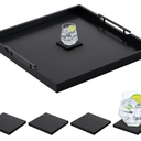 Remagr 24'' Square Extra Large Ottoman Tray, Wood Serving Tray with 4 Coasters and Metal Handles Decorative Coffee Table Platter for Living Room Sofa Food Tea Server Housewarming Home Gift(Black)