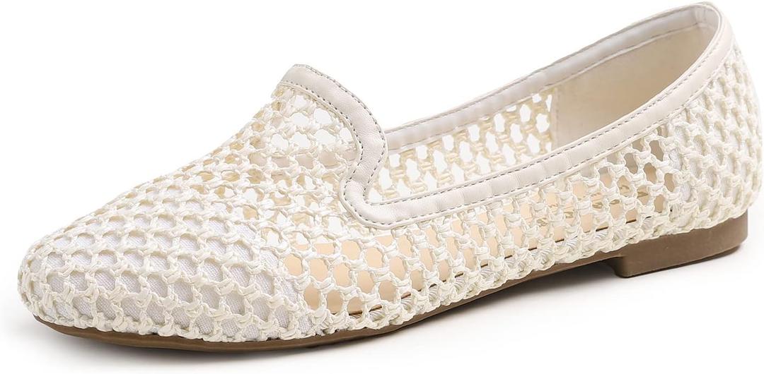 Feversole Women's Woven Fashion Breathable Knit Flat Shoes (9.5, Cream White Net Mesh Loafer)