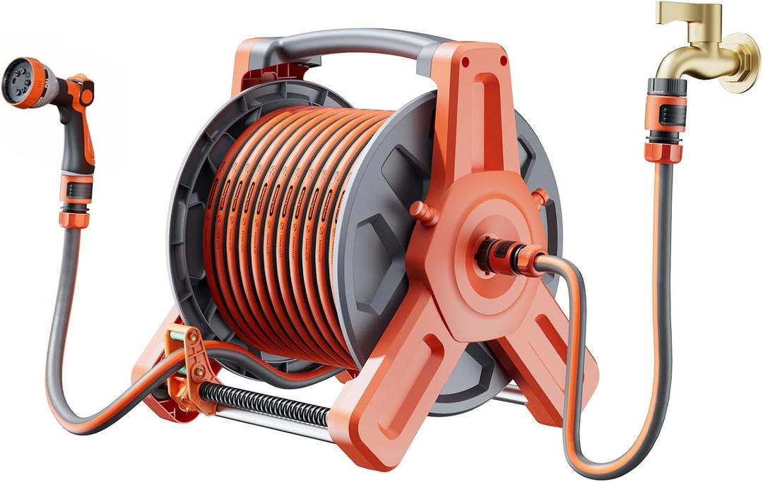 100FT Water Hose with Reel & Holder for Balcony & Patio