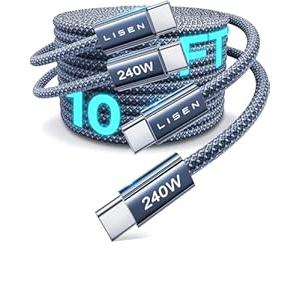 LISEN 240W Type C Charger Fast Charging Cable [10ft, 2-Pack] Long USB C Cable Fast Charging Cords 10 Foot C to C Cable Fast Charging PS/ 2 Charging Cable for iPhone 17/ 16 Series, MacBook Pro Air