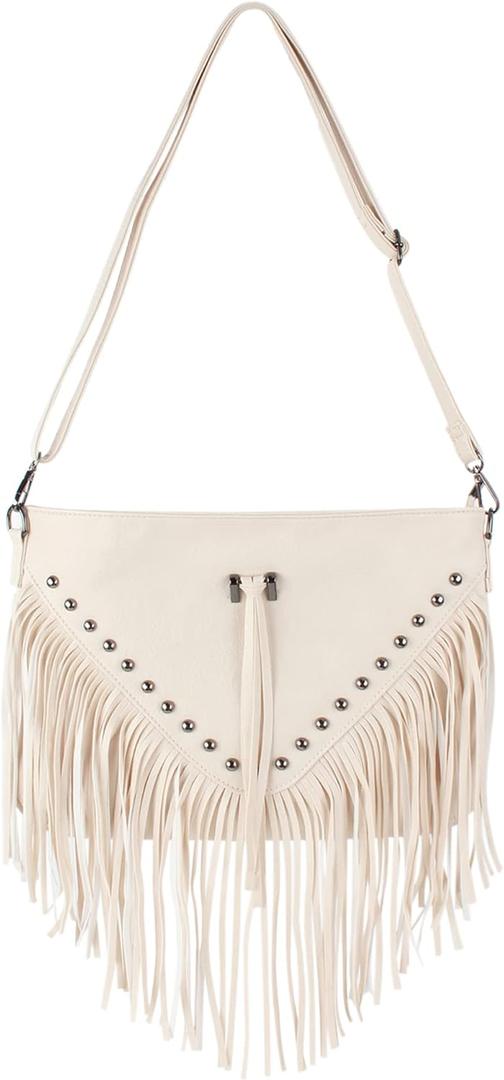 Hoce Womens Leather Fringe Messenger Bag Large Hobo Crossbody Tassel Shoulder Bags, Gift for Mom Wife Girlfriend (Beige)