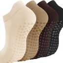 Breslatte Pilates Grip Socks Cotton Ankle Mesh Non Slip Yoga Socks with Grips for Women Men for Barre Workout Gifts (4p1 Mesh05 Black/Beige/Lightbrown/Coffee)