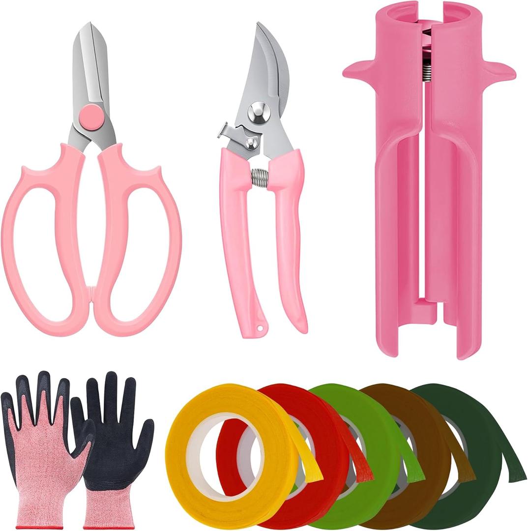 Linkidea 9 Pcs Gardening Shears Set, Multifunction Home Gardening Kit Included Floral Tape, Flower Scissor, Curve Scissors, Gardening Gloves, Horticulture Tools Set for Lawn & Yard(Pink)