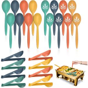 Reusable Plastic Serving Utensils Set of 24, 10" Wheat Straw Large Serving Set - Slotted Spoons/Tongs, for Party Buffet Catering (Orange/Blue/Yellow/Green, Not for Cooking)