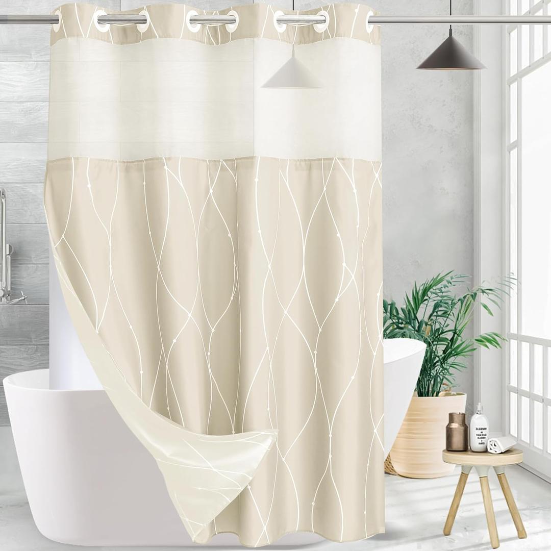 Beige White Striped Fabric Shower Curtain with Snap in Liner for Bathroom Bathtubs,Hotel Shower Curtain and Liner Set with See Through Mesh Top Window,Machine Washable (54"W x 74"L (Pack of 1))