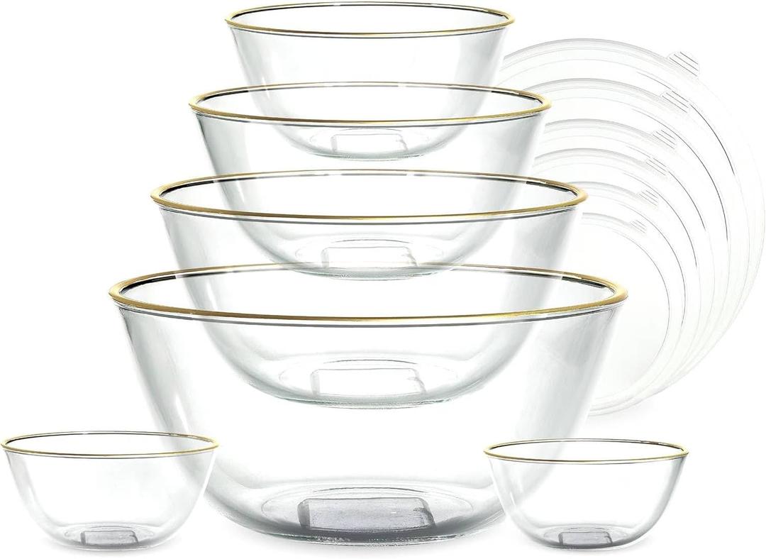 COOK WITH COLOR 12 Pc Glass Mixing Bowl Set with Lids Borosilicate Glass Nesting Bowls for Cooking, Baking and Meal Prep, Gold Rim