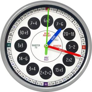 Educational Wall Clock - Silent Movement Time Teaching Clock for Teachers Classrooms and Kid's Bedroom - Math Circles (Silver/Black)