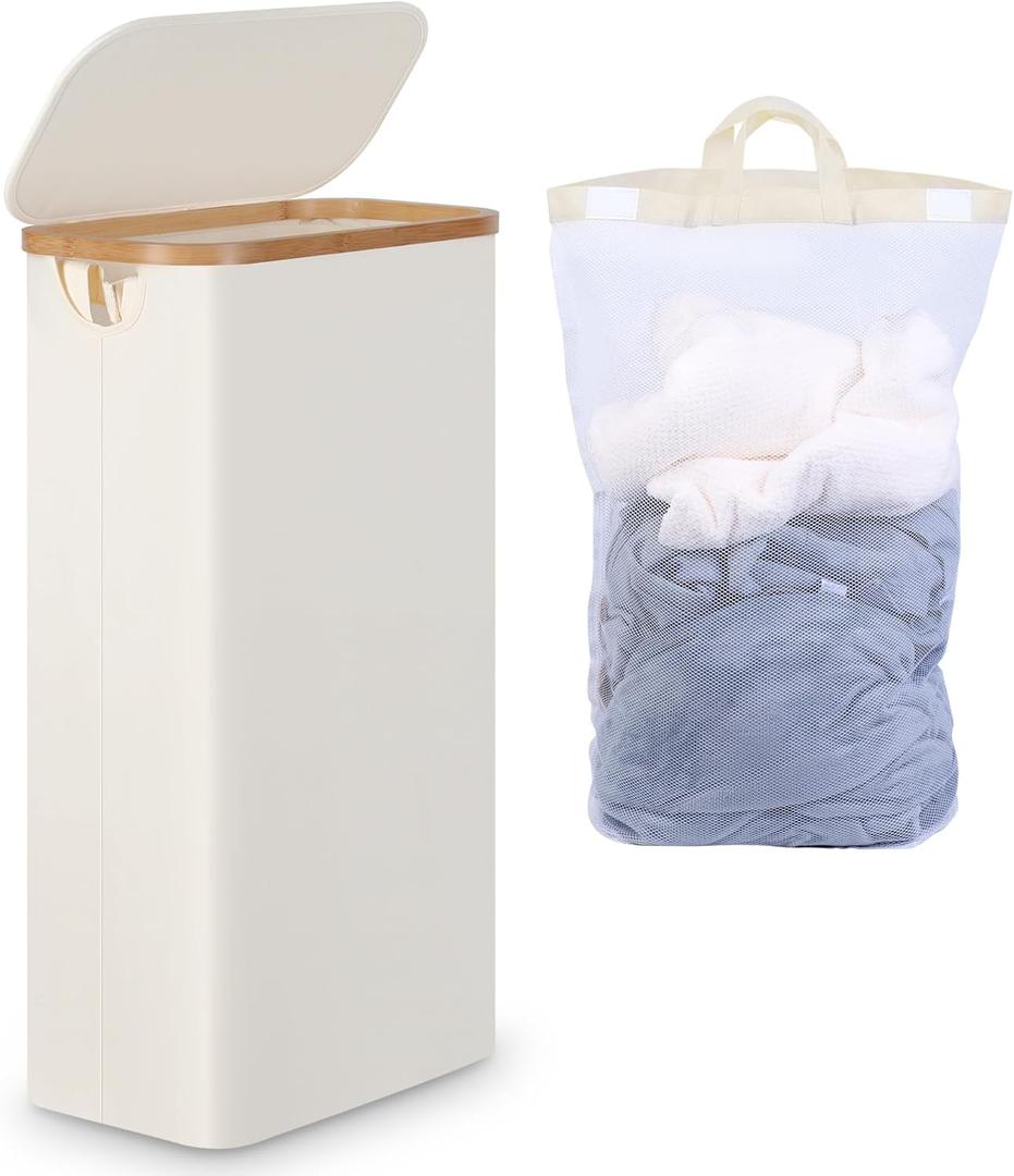efluky Slim Laundry Basket with Lid, Narrow Laundry Hamper with Removable Bag, Skinny Dirty Clothes Basket with Bamboo Handles for Bathroom, Bedroom & Laundry Room, 63L Beige
