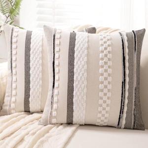 Boho Throw Pillow Covers 18x18 Set of 2 Farmhouse Decorative Cushion Case Striped Square Pillows Cover Chenille Pillow Cases Accent Neutral Pillowcase for Sofa Couch Bed, White