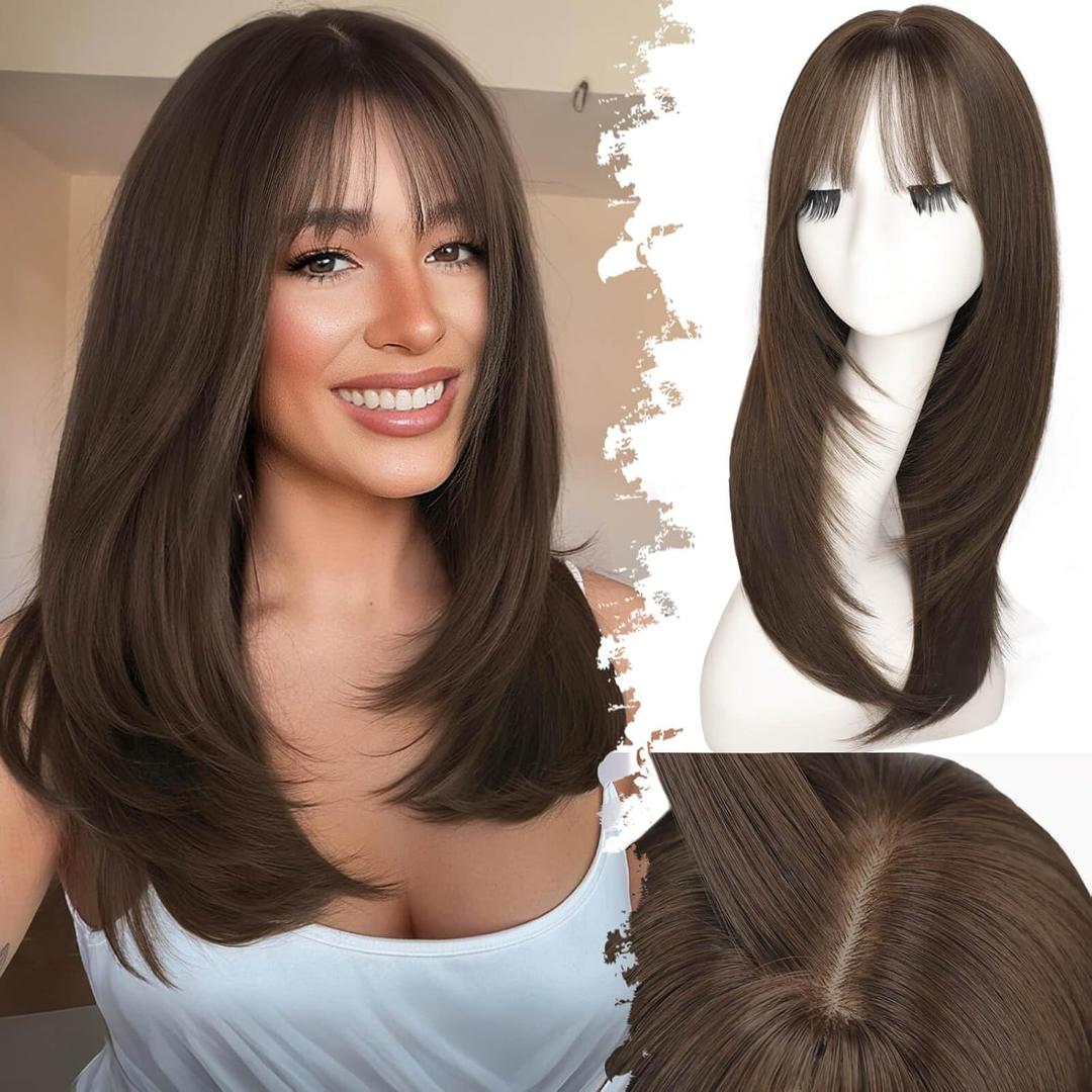 Beginner-Friendly Wig with Bangs for Women Medium Brown Straight Face-Framing Layers Hairstyle 4x4 Realistic Scalp Glueless Synthetic Wigs Medium Length for Everyday Use
