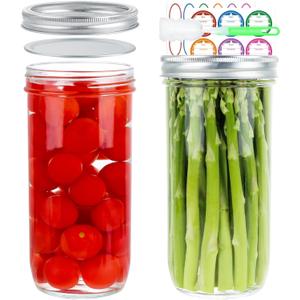 Wide Mouth Mason Jars 24 oz, 2 Pack 720ml Glass Canning Jars with Airtight Lids, Large Storage Jar with Labels Brush, Clear Mason Jars for Canning, Fermenting, Pickling, DIY Projects