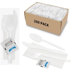 250Pack Plastic Cutlery Packets, Knife Fork Spoon Napkin Salt Pepper Sets, Individually Wrapped White Plastic Cutlery Packets for Delivery, Cafeterias, Restaurants