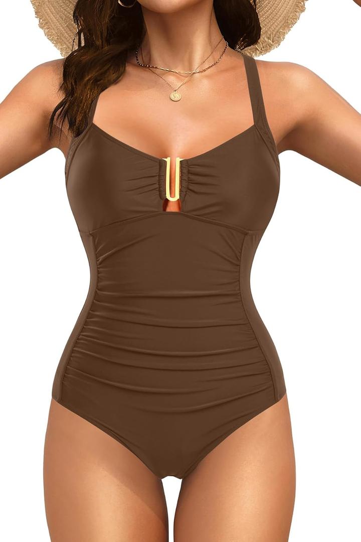 Daci Women Tummy Control One Piece Swimsuit - Ruched Bathing Suit Full Coverage Slimming V Wired Swimwear 2025 (Large, Brown)