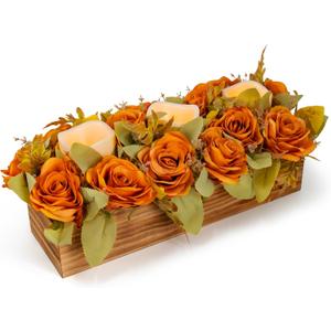 Centerpiece Table Decorations with 3 Flameless Candle, Holder Autumn Fall Decorations Artificial Pumpkin Maple Leaf for Thankgiving Table Kitchen Décor