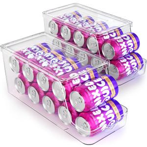 Soda Can Dispenser for Refrigerator with Lids, Stackable Drink Organizer for Fridge, Clear Plastic Refrigerator Organizer Bins, Beverage Can Holders for Pantry, Freezer, Kitchen, Cabinets, Set of 2