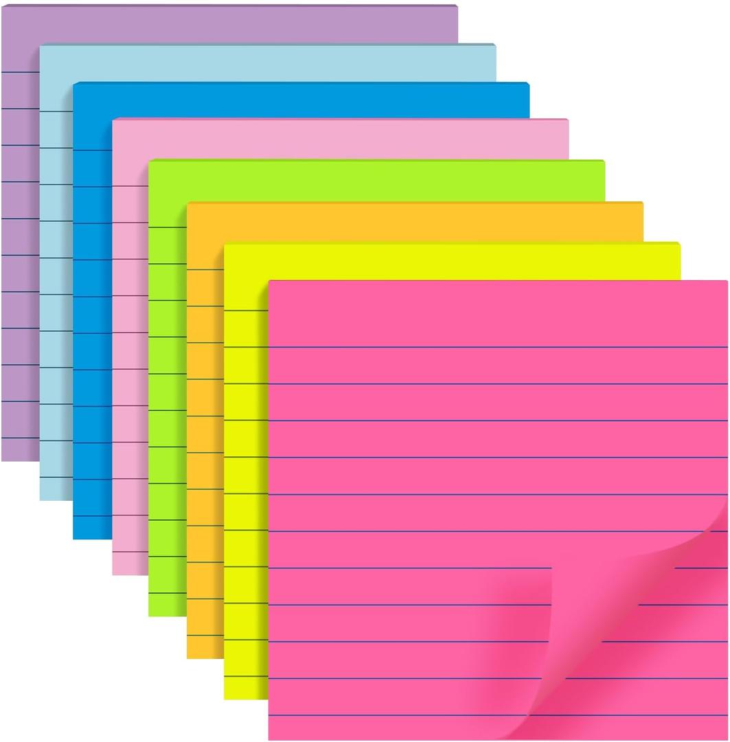 8 Pads Lined Sticky Notes 4x4 in Post, 8 Colors Self Sticky Notes Pad Its, Bright Stickies Colorful Big Square Sticky Notes for Office, Home, School, Meeting, 50 Sheets/Pad