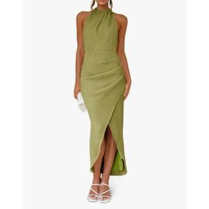 Fisoew Womens Halter Neck Party Dress Sleeveless Slit Textured Backless Sim Fit Ruched Sexy Midi Cocktail Dresses, S