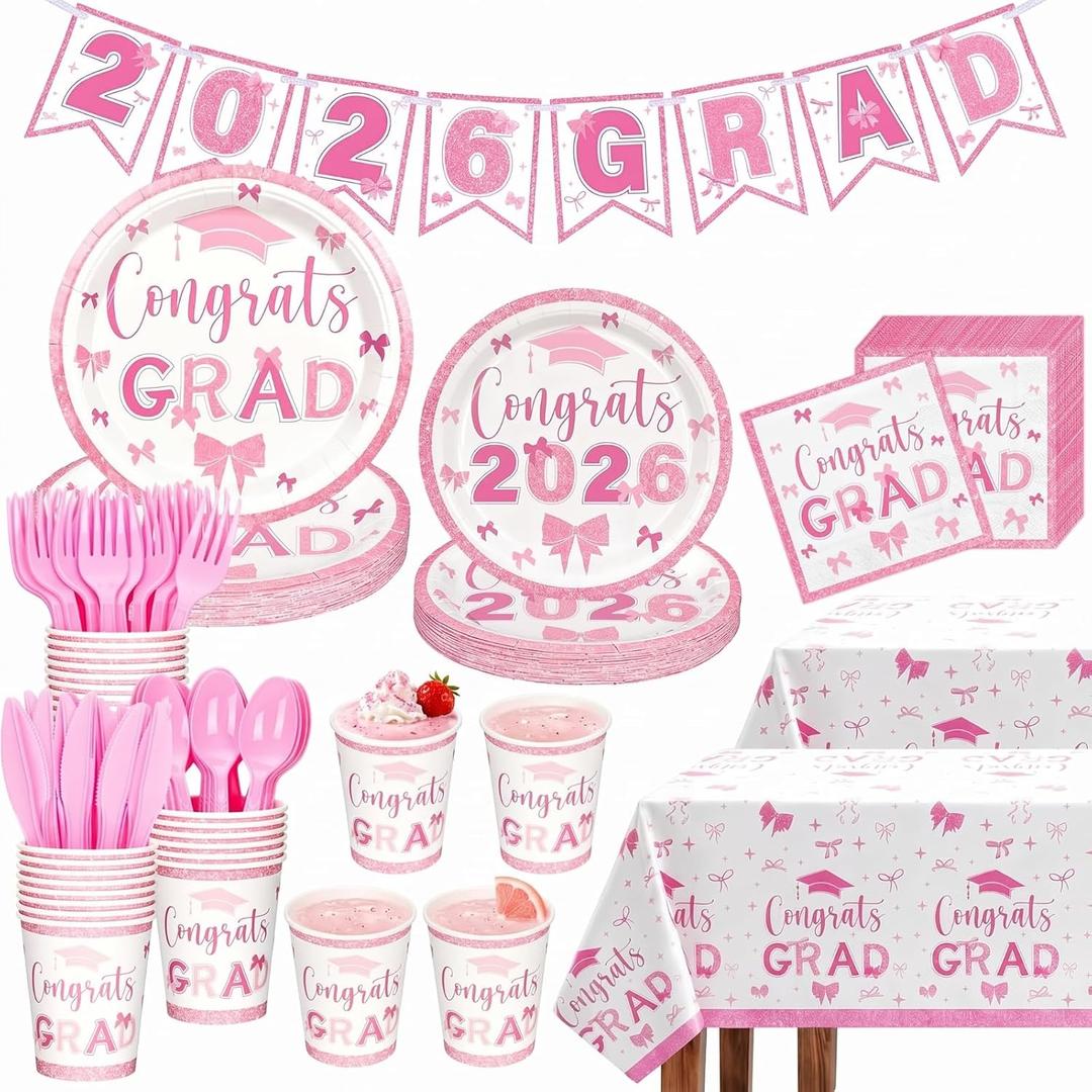 Marspark 173Pcs Pink Bow Graduation Decorations 2026 Set Coquette Class of 2026 Party Supply Serve 24 Grad Disposable Paper Plate Cup Napkin Cutlery Tableware Tablecloth Banner for College High School