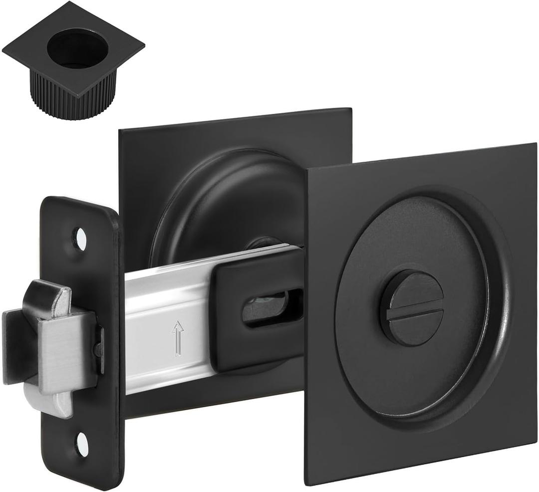 goldenwarm Matte Black Pocket Door Lock with Pull, Square Pocket Door Hardware 2-3/8" Backset, Black Pocket Door Handles 1 Pack