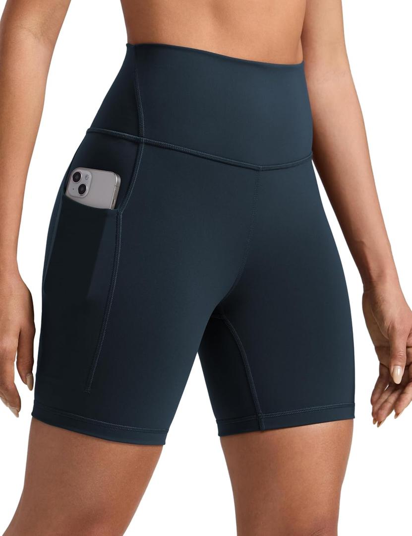 CRZ YOGA Butterbreeze Athletic Biker Shorts Pockets 6'' - High Waist Workout Gym Volleyball Running Yoga Womens (Medium, True Navy)