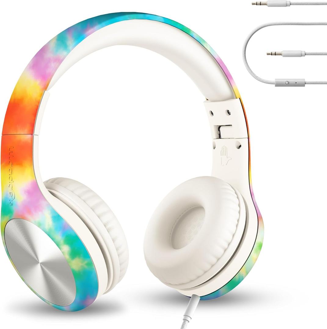 LilGadgets Connect+ Pro Wired Kids Headphones for School with Microphone, Volume Limiting Over-Ear Headset with Cord, SharePort Technology & SoftTouch Padding, Tie Dye Rainbow (Printed, Multicolor)
