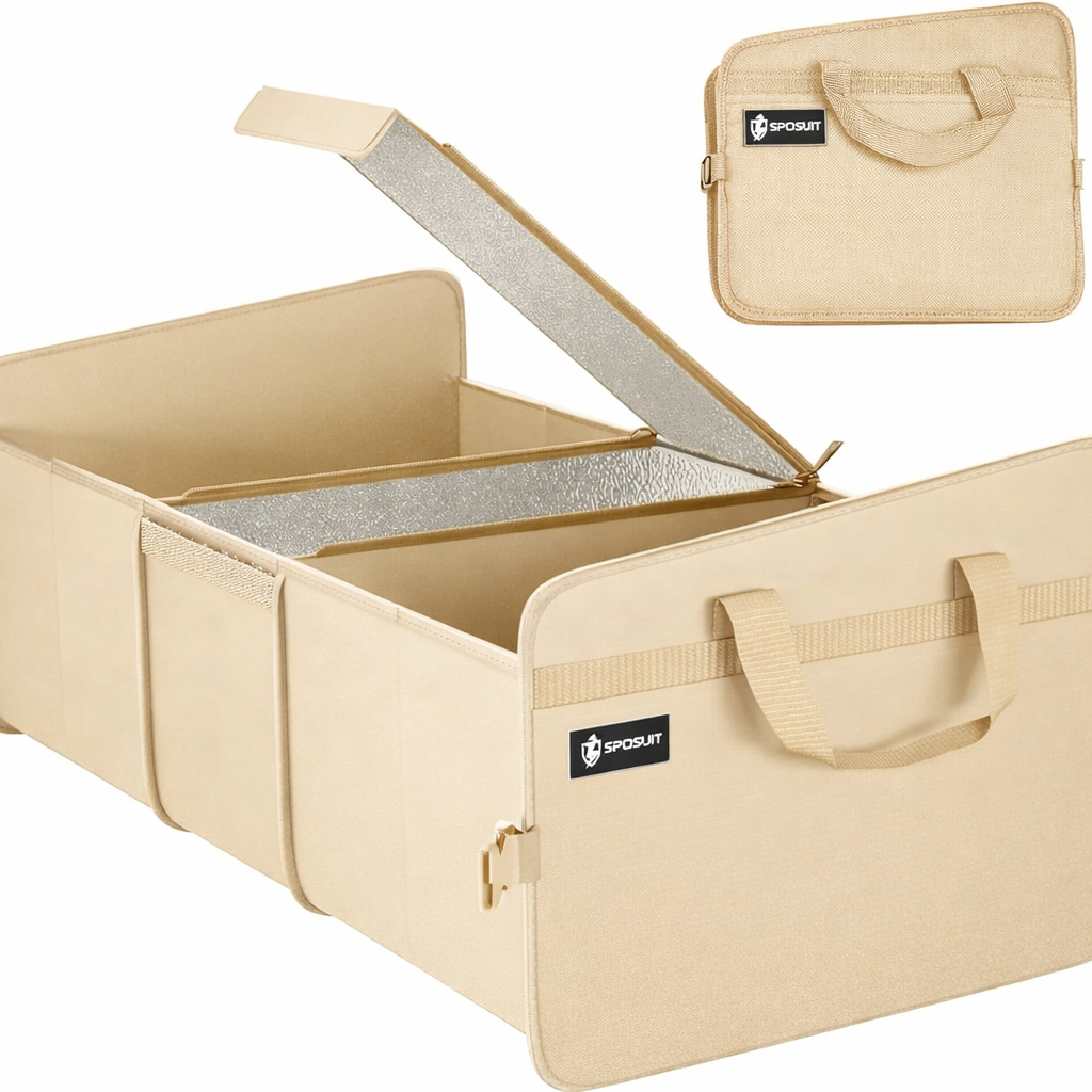 Sposuit Car Storage Trunk Organizer - Collapsible Trunk Organizer with Cooler for Grocery Cargo, Large Storage for Car, SUV, Sedan, Jeep, Beige