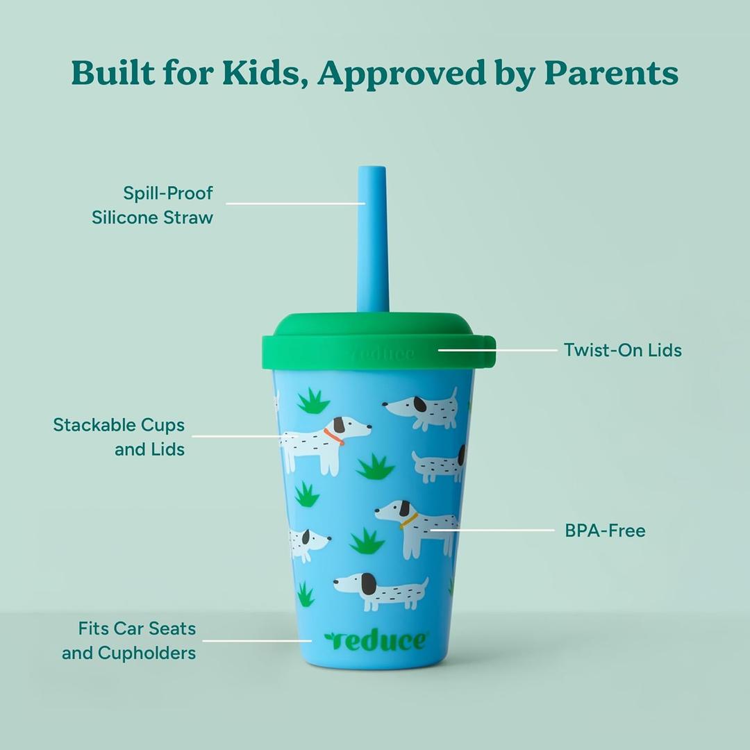 REDUCE GoGo's Kids Portable Tumbler Cups with Lids and Spill-Proof Straws -1 Pack of Stackable 12 oz Tumblers with Twist-On Lids - Easy Storage, Dishwasher Safe - Scavenger Boy Set