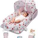 Baby Lounger with Canopy, Foldable Portable Infant Support Cushion for 0-12 Months Newborn, Soft Breathable Washable Baby Nest with Adorable Pattern, Perfect for Home Outdoor Supervised Awake Time