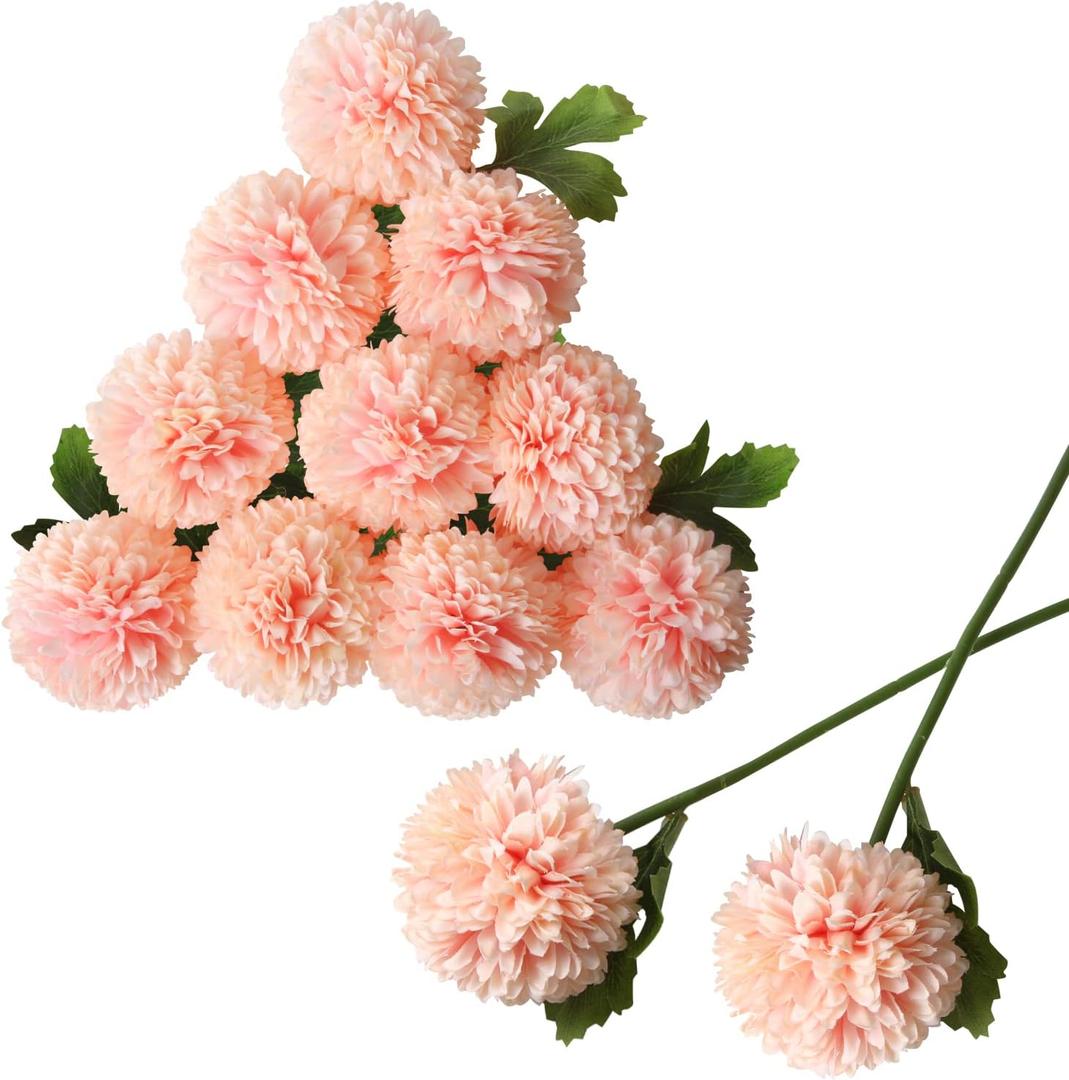 CCINEE 12Pcs Artificial Flowers Chrysanthemum Ball, Silk Floral Arrangement Fake Flowers Bouquet Long Stem Hydrangea for Home Office Coffee House Parties and Wedding Decor (Pink)