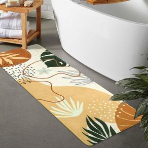 Boho Abstract Long Bathroom Rugs Runner Colorful Plant Non-Slip Bathroom Runner Rug Soft Machine Washable Cute Bath Mats Mid Century Fall Aesthetic Leaf Bath Rug for Tub Shower Door Mat, 20x59 inch