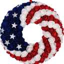 idyllic July 4th Wreath Patriotic Americana Wreath Boxwood Handcrafted Memorial Day Wreath Festival Garland Decoration Front Door Wall Home Decor (Blue) (13" ROUND)
