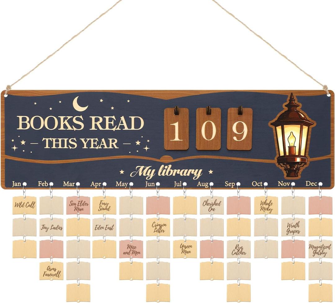 Qunclay Books Read This Year Counter Board with 100 Pcs Wood Tags 16x5 Inches DIY Hanging Reading Tracker Sign for Home Library Decor Book Lover Gift for Librarian Reader Teacher Women Men Bookshelf