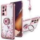 for Galaxy Note 20 Ultra Case for Women, Glitter Crystal Butterfly Heart Floral Slim TPU Bling Cute Girls Protective Cover with Ring Holder Stand+Strap for Note 20 Ultra (Rose Gold)