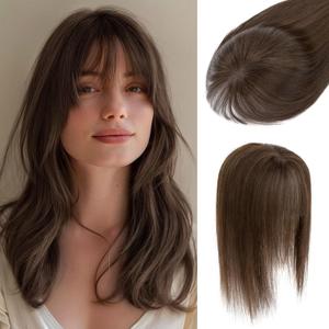 S-noilite Human Hair Topper with Bangs 3603D Cover Toppers Hairpieces for Women Bangs Hair Clip Mocha Brown 12inch