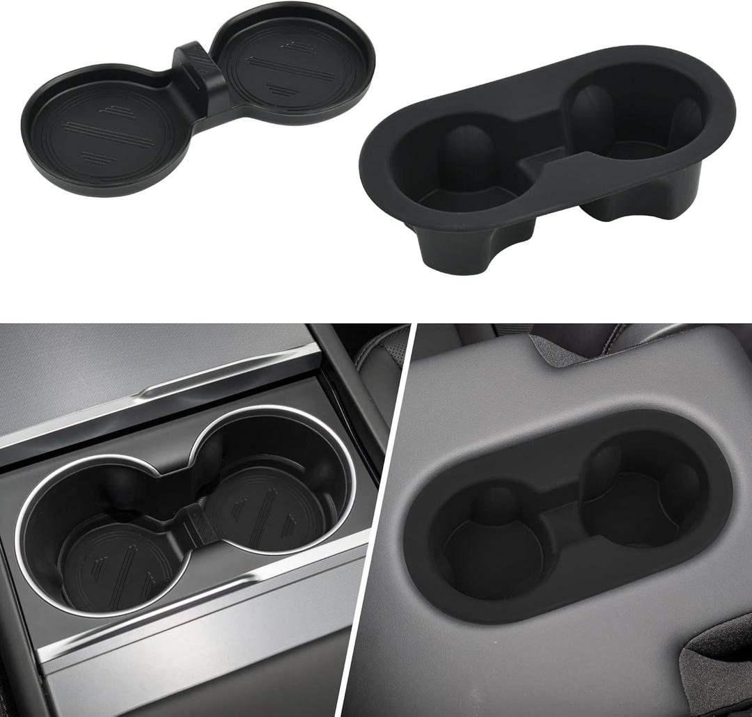 frani Cup Holder Set (2-Piece) Compatible with Tesla Model Y 2021-2026 & Juniper Refresh - Premium Silicone Inserts for Center Console & Rear Seats Black