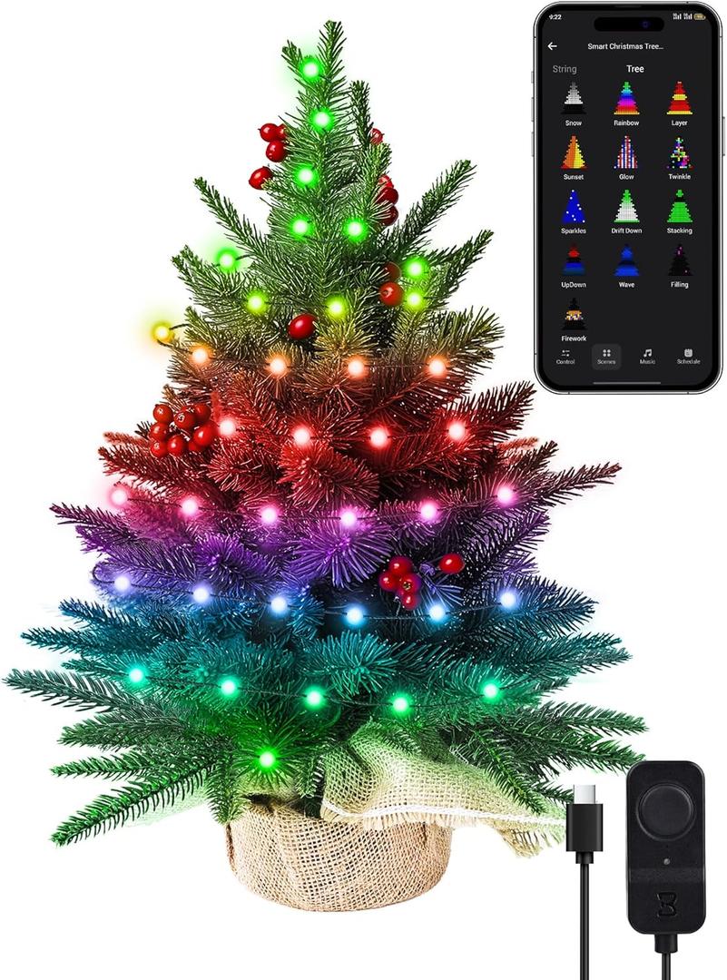 Brizled Smart Mini Christmas Tree, 22.8in DIY Smart-Lit Tabletop Tree with 75 LED RGB Lights, App/Voice Control 159+ Scenes Mini Xmas Tree USB C Music Small Tree Work with PD Power for Fireplace Desk (2FT, Green)