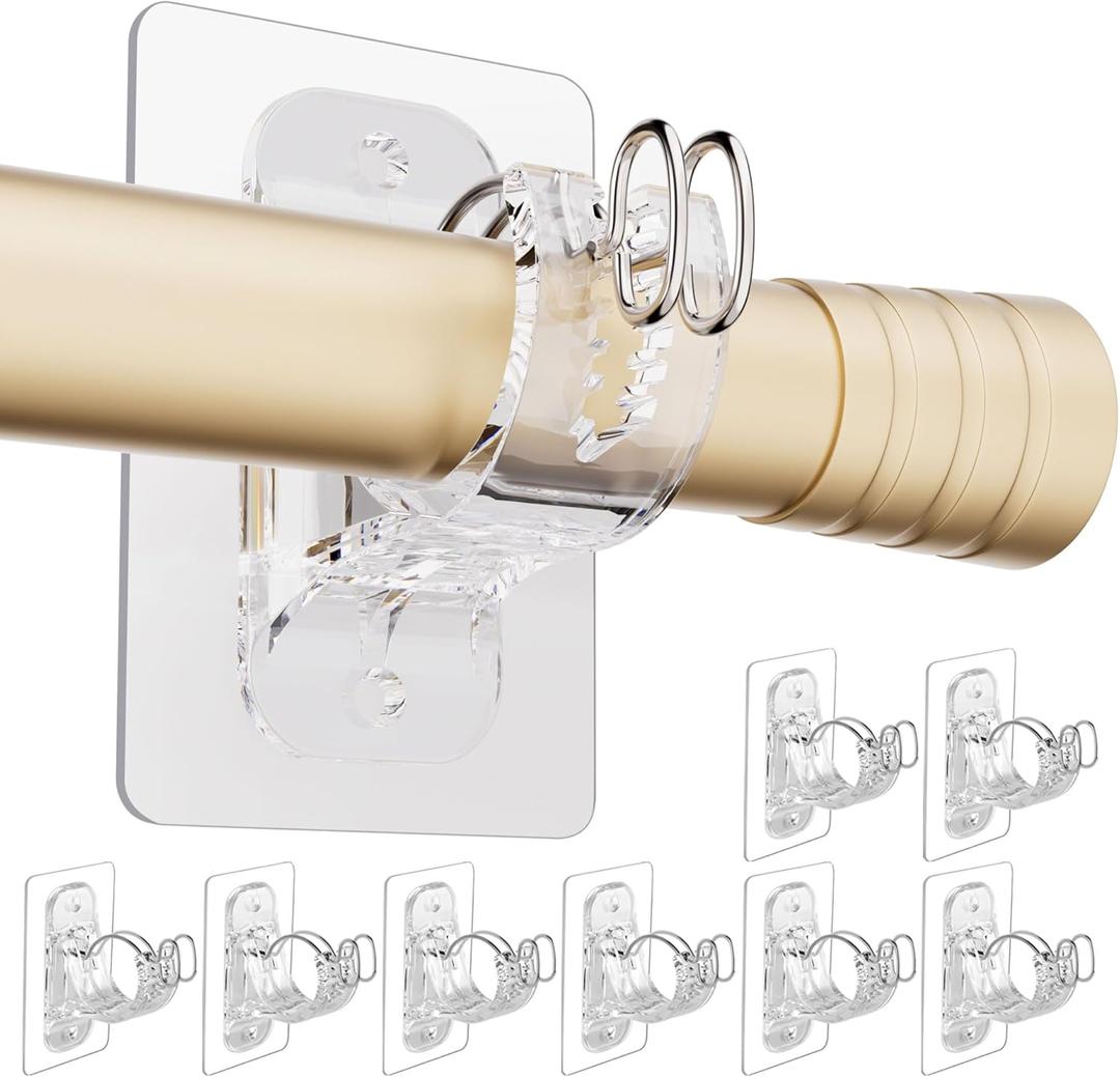 No Drill Curtain Rod Bracket Holders, (8 Pack) Adjustable Self Adhesive Curtain Hooks, No-Nail Stick on Wall Curtain Rod Hangers for Bathroom Bedroom Kitchen and Livingroom