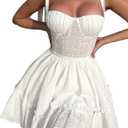 Women's Sleeveless Spaghetti Strap Tie Boho Corset Backless Mini Party Bridesmaid Dresses (Medium, White)