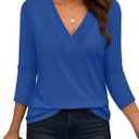 Bliwov Womens Fall Tops V Neck 3/4 Sleeve Outfits Loose Fit Soft Plus Size Clothes Business Casual Beach Oversize T Shirts (Large, Royal Blue)