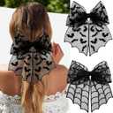 2PCS Halloween Bow Hair Clips Black Spider Web Bat Hair Bow Clips Transparent Mesh Big Ribbon Bows Hairpin Gothic Bat Cobweb Long Tails Bows Clip Barrette for Women Halloween Cosplay Hair Decor