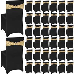 Chumia 100 Pcs Chair Covers and Sashes, Spandex Stretch Chair Slipcovers with Shiny Bowknot for Wedding Party Banquet Anniversary Events Dining Decor (Black,Gold)